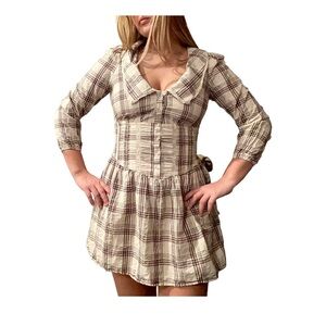 Vintage American Eagle Brown Plaid Corset Style Peasant Mini Dress Size Small